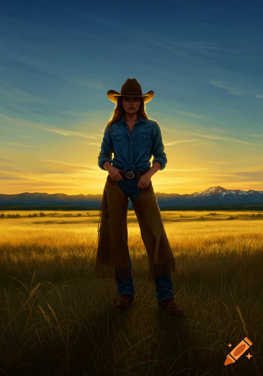 A cowgirl stands in a golden field at sunset with mountains in the distance, wearing a hat, denim shirt, and chaps.