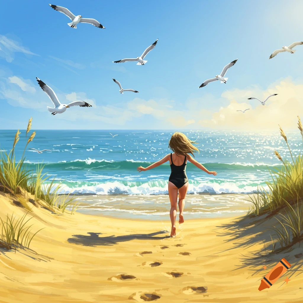 A girl runs toward the ocean on a sunny beach, with seagulls flying in the blue sky above.