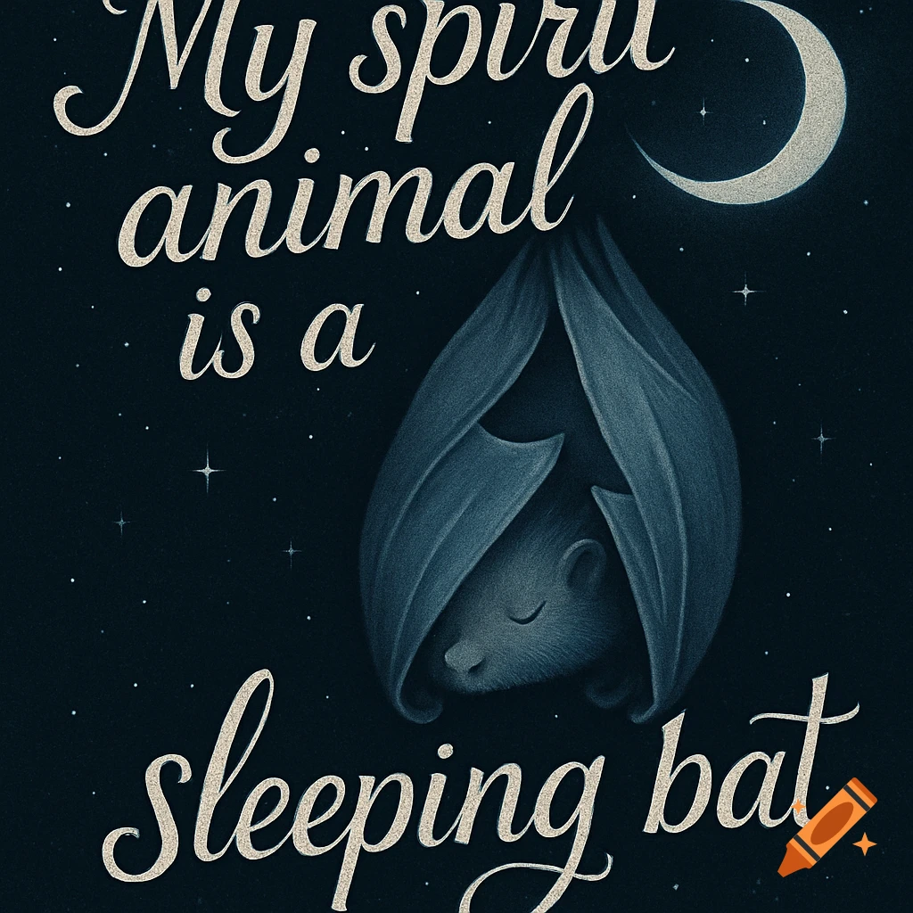 Illustration of a sleeping bat hanging under a crescent moon and stars, with the quote 'My spirit animal is a sleeping bat'.