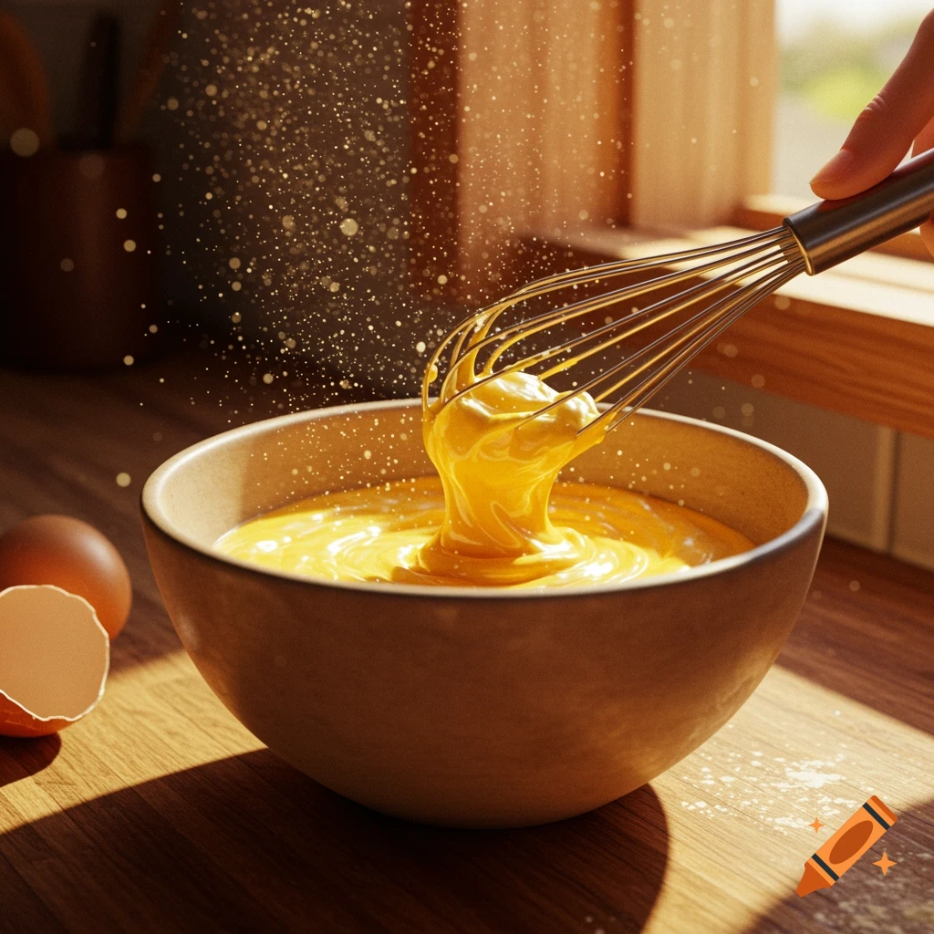A hand whisks bright yellow batter in a bowl on a wooden counter in a sunlit kitchen, with a cracked egg nearby.