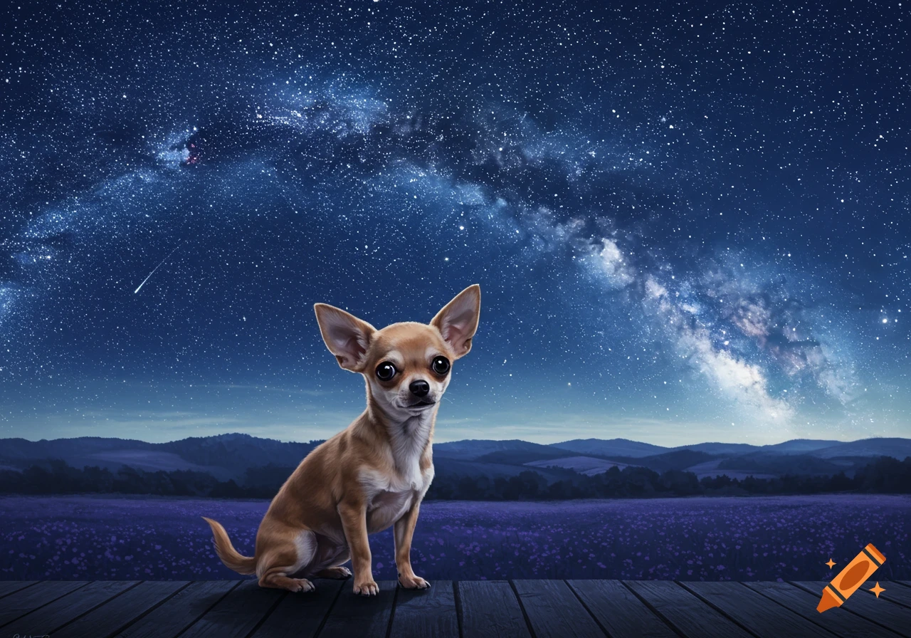 A chihuahua sits on a wooden deck, gazing at the viewer under a brilliant starry night sky with the Milky Way.