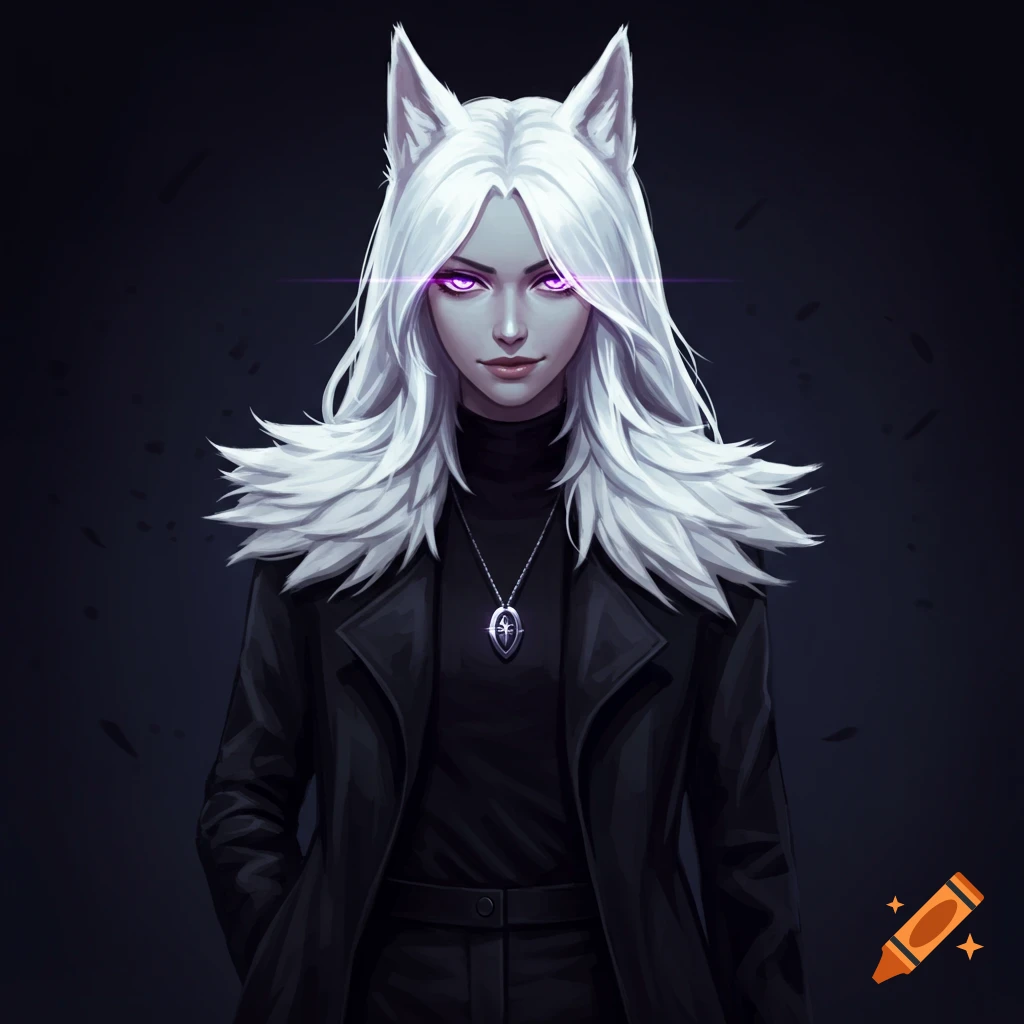 A pale-skinned woman with white wolf ears, long white hair, and glowing purple eyes smirks, wearing a black trench coat and locket.