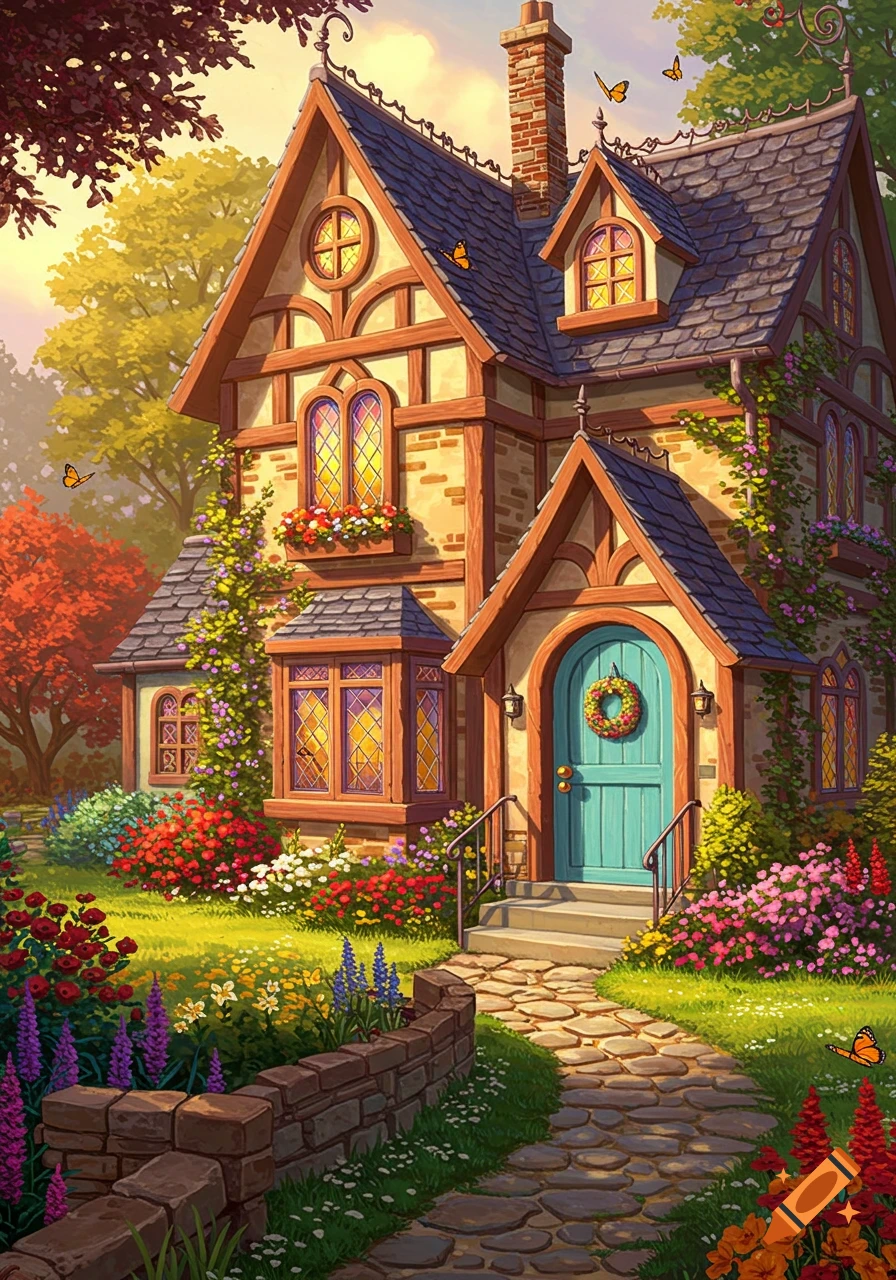 A charming storybook-style house with a blue door and a wreath, surrounded by colorful flowers and lush green trees under a bright sky.
