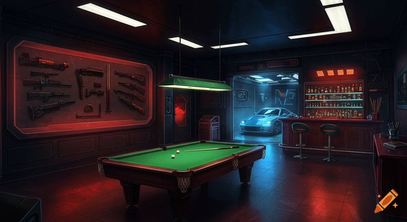 A futuristic crime syndicate lair with a pool table, bar, wall of guns, and a blue sports car in a garage with neon lights.