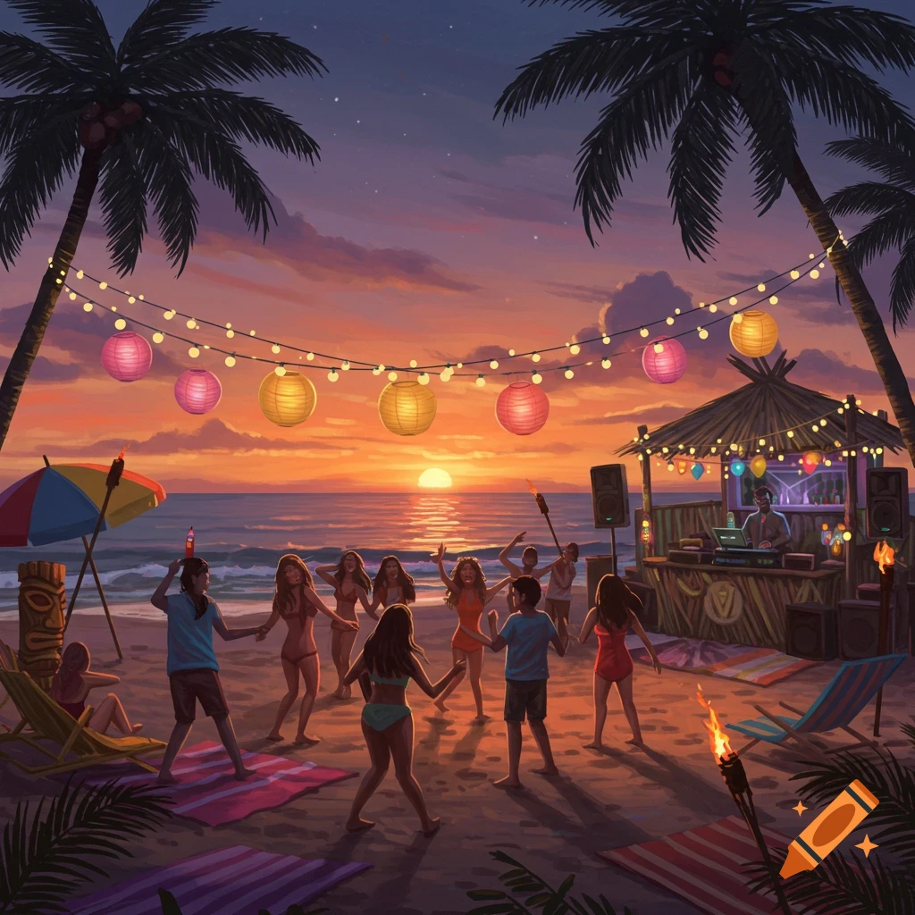 A vibrant beach party at sunset with people dancing, string lights, and a DJ booth.