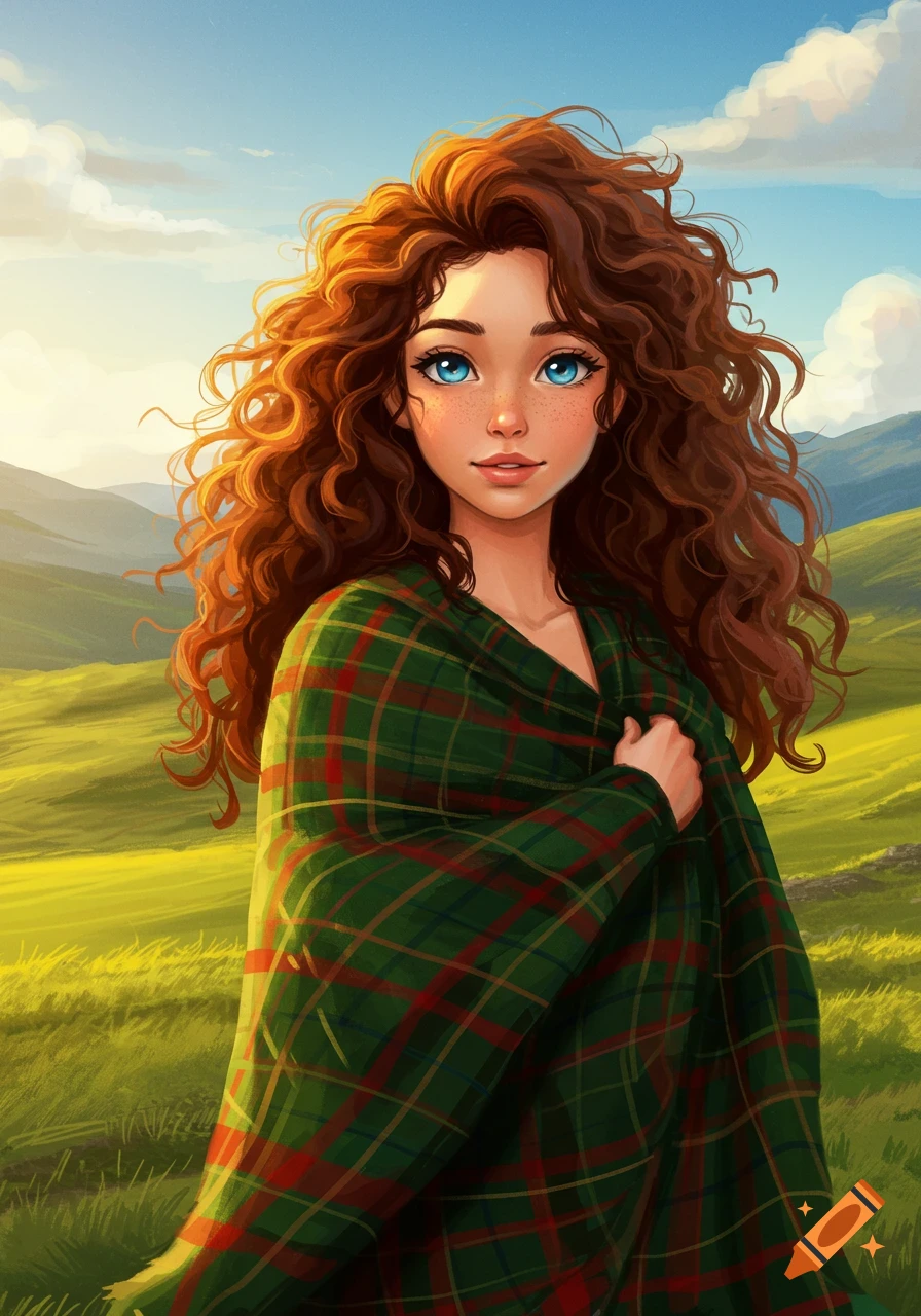 An illustration of a young woman with long, curly brown hair and blue eyes, wrapped in a green plaid blanket, standing in a green, grassy field with mountains in the background.