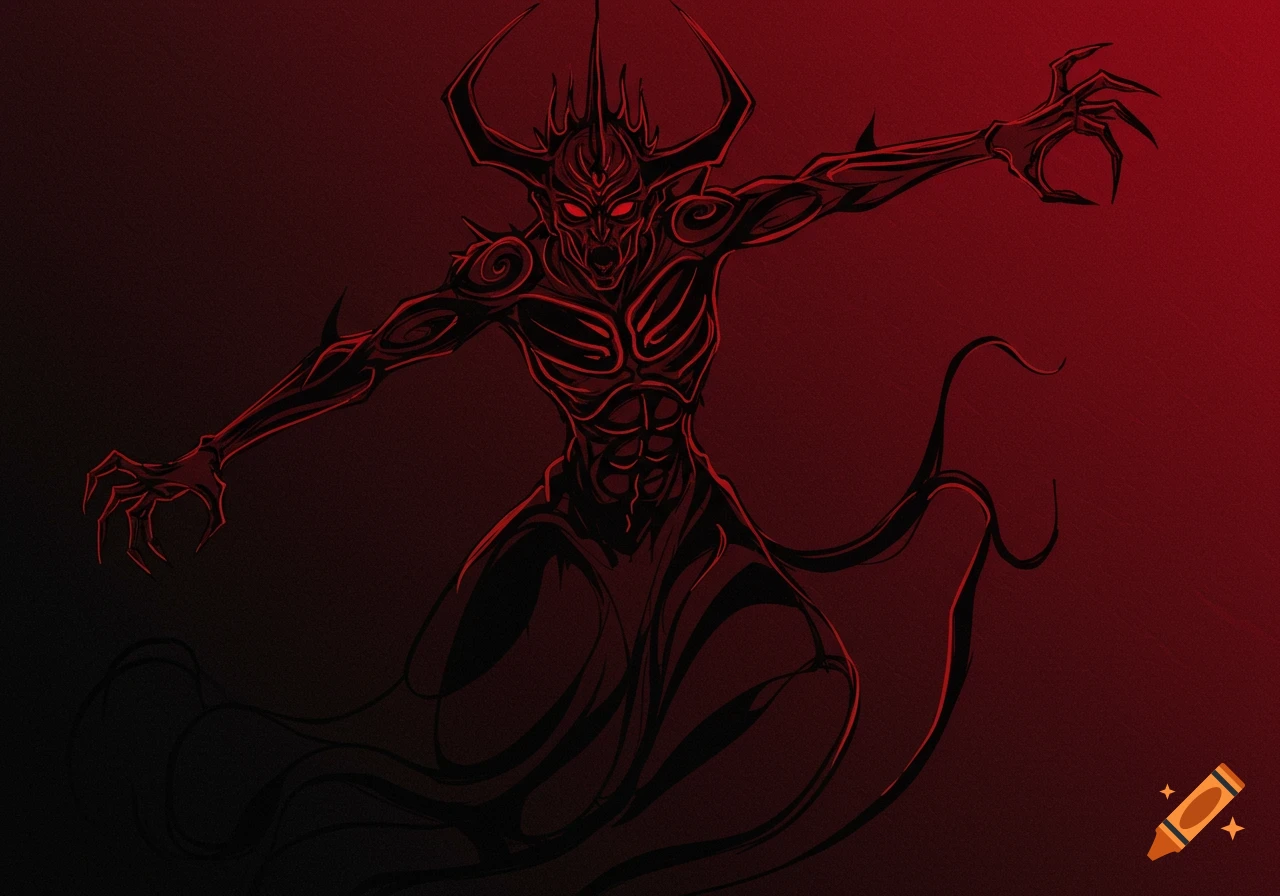 An abstract outline sketch of a dark, demonic deity with horns and glowing red eyes, arms outstretched, on a dark red background.