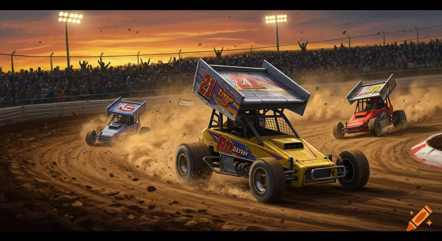 Three dwarf racing cars kick up dust on a dirt track under stadium lights at sunset, with a crowd cheering in the background.