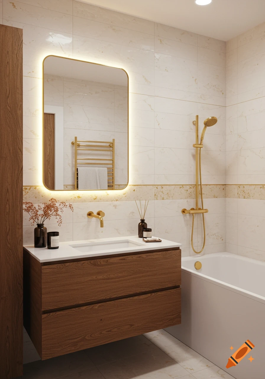 A modern bathroom with a wood vanity, white sink, gold fixtures, and a lighted mirror on a marble-tiled wall.