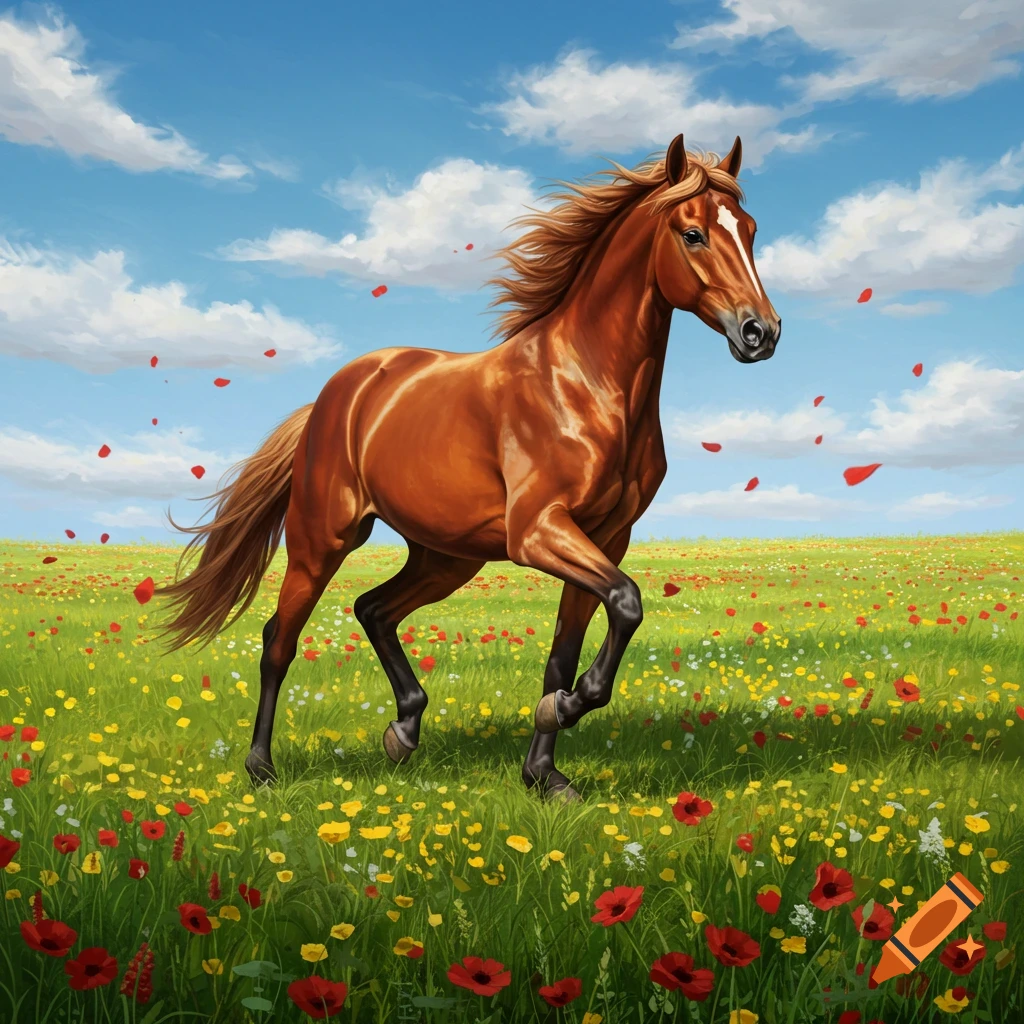 A brown horse gallops through a vibrant green field filled with red and yellow wildflowers under a blue sky with white clouds.