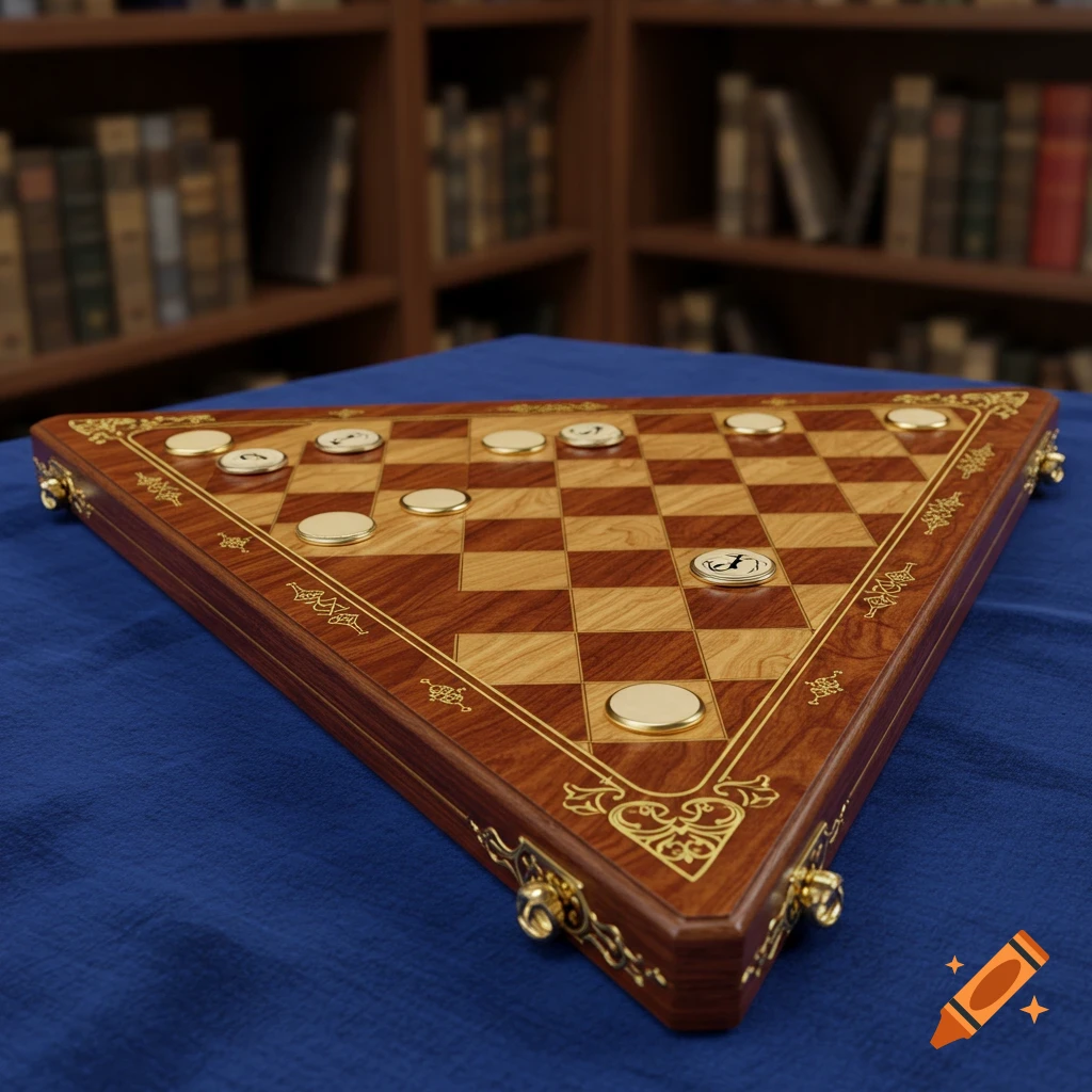 An ornate triangular wooden board game, possibly for checkers or backgammon, with gold accents and gold and white game pieces, sits on a blue cloth in a library.