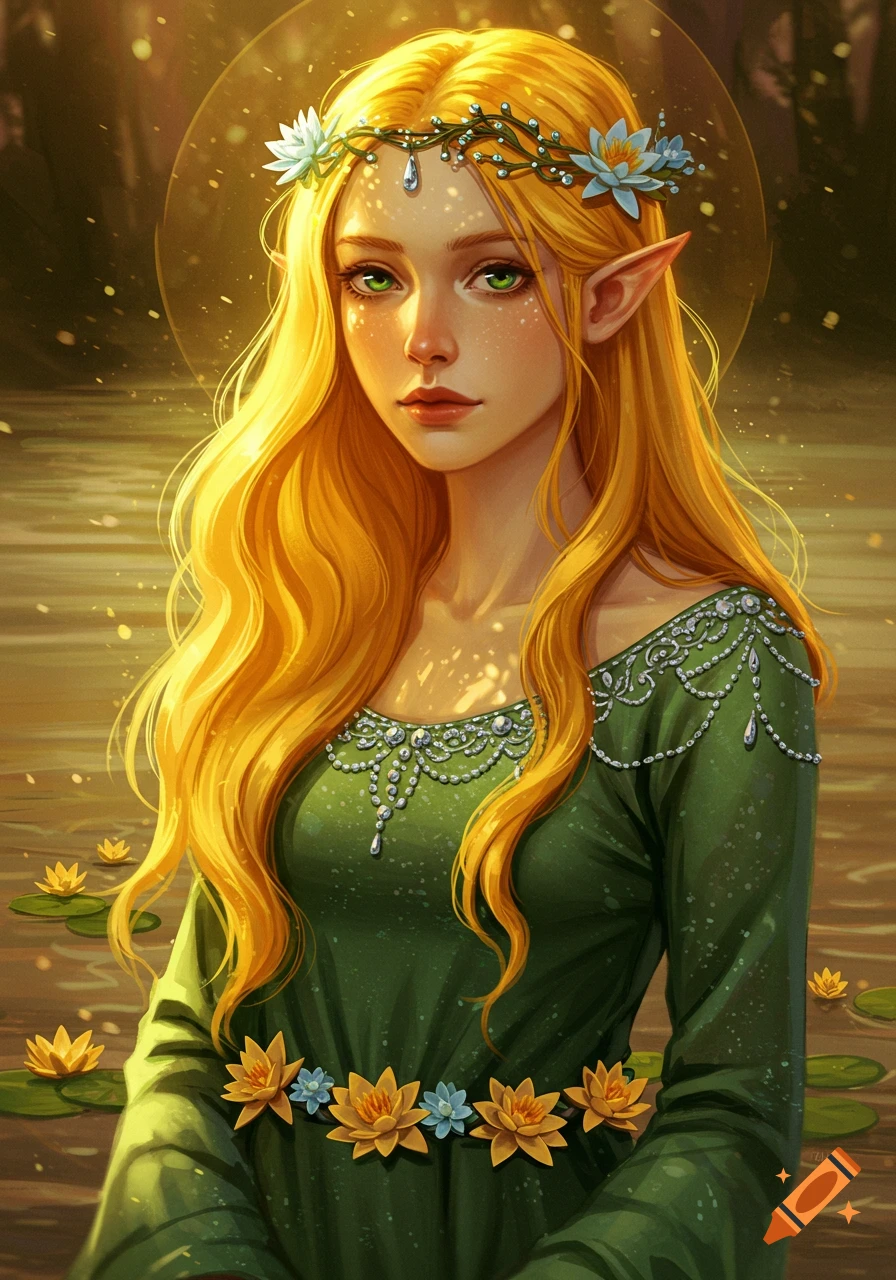 A fantasy portrait of an elf woman with long golden hair and green eyes, wearing a green gown with a water lily crown, standing in water.