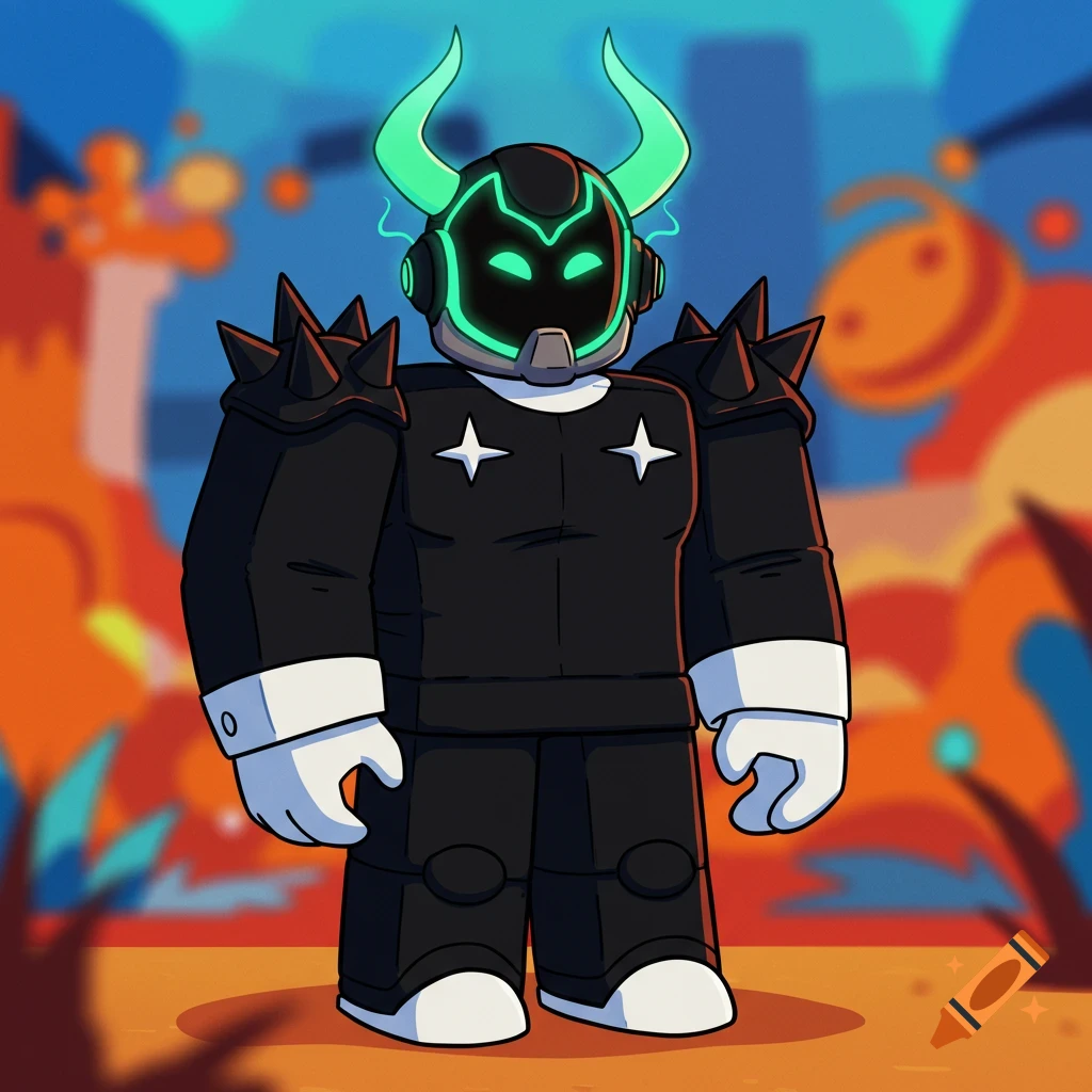 A cartoon Roblox character in a black suit, futuristic helmet with green glowing horns, and star shoulder pads.