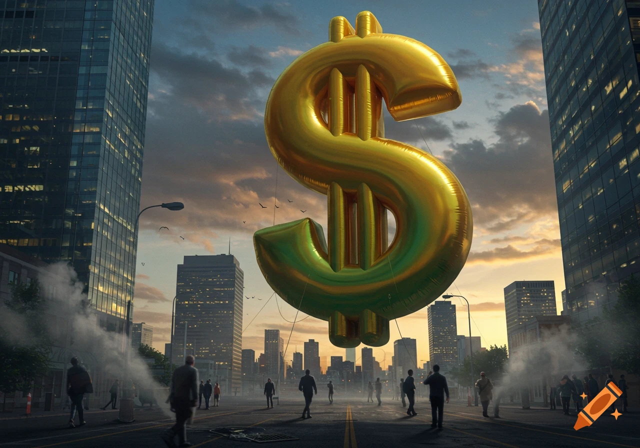 Giant golden dollar sign balloon floats above a city street with people, symbolizing inflation.