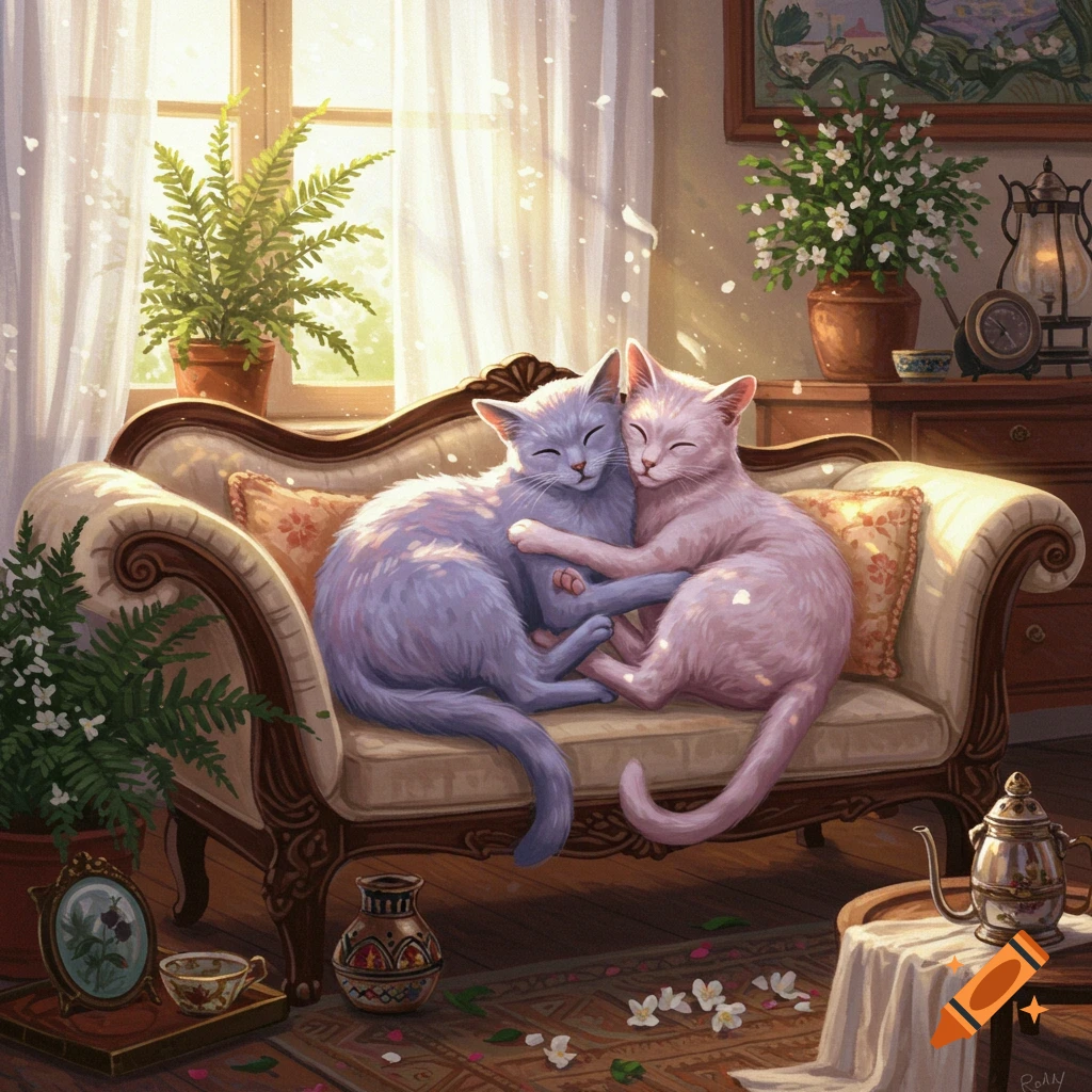 Two cats, one purple and one pink, are cuddling on a beige sofa in a sunlit room with plants and classical decor.