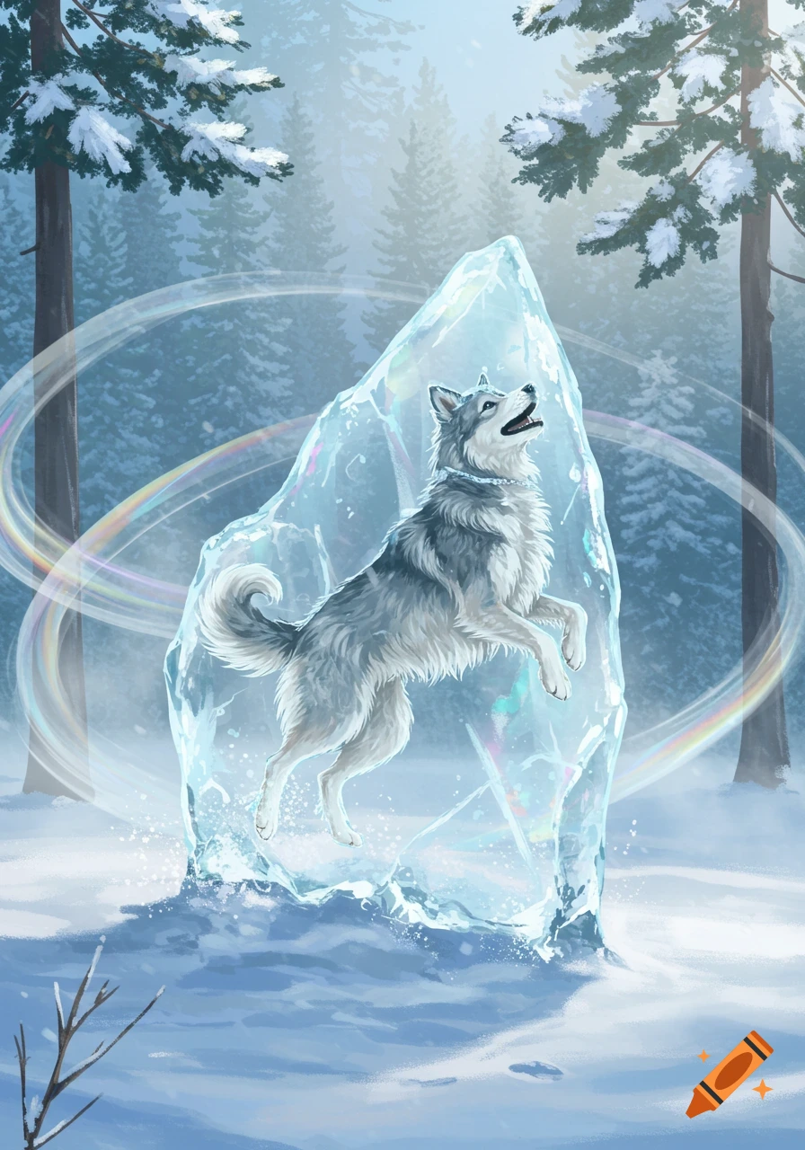 A grey wolf-like dog leaps from a colorful block of ice in a snowy forest.