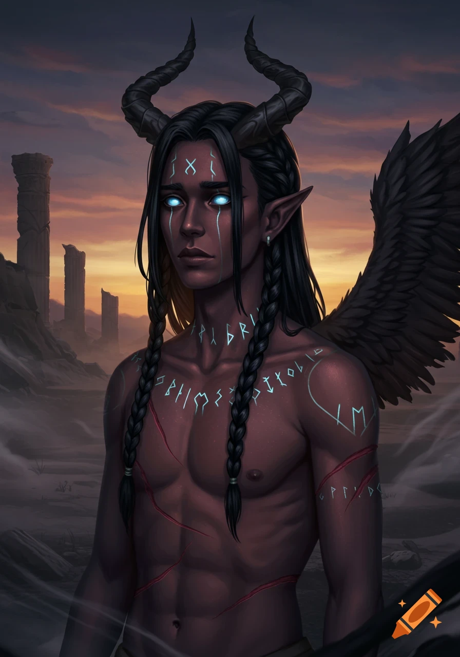 A dark-skinned horned male with glowing blue eyes, braids, and runes on his chest, with black wings, stands in a desolate landscape at sunset.