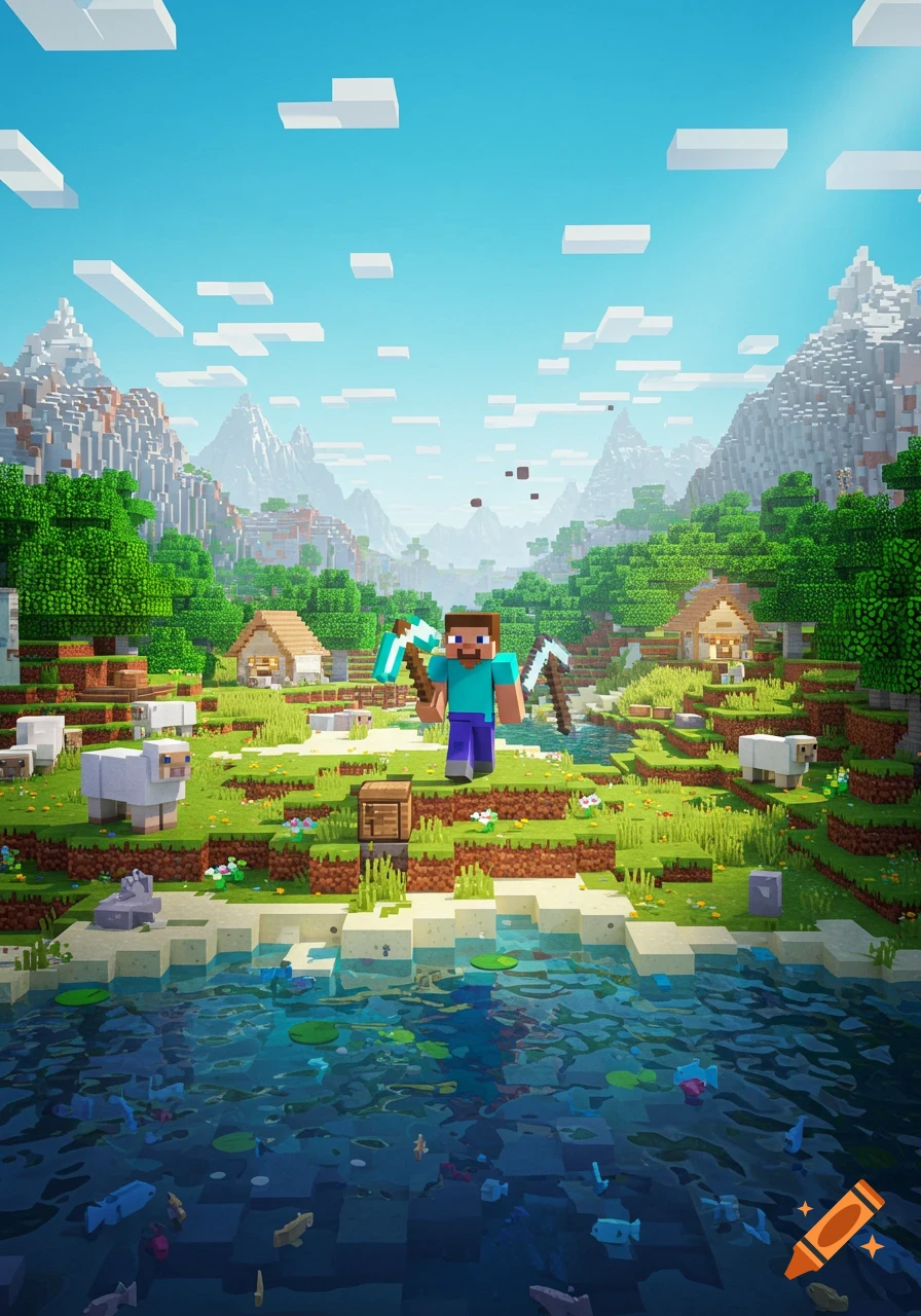 Steve stands in a vibrant Minecraft landscape with mountains, trees, houses, sheep, and a clear blue sky.