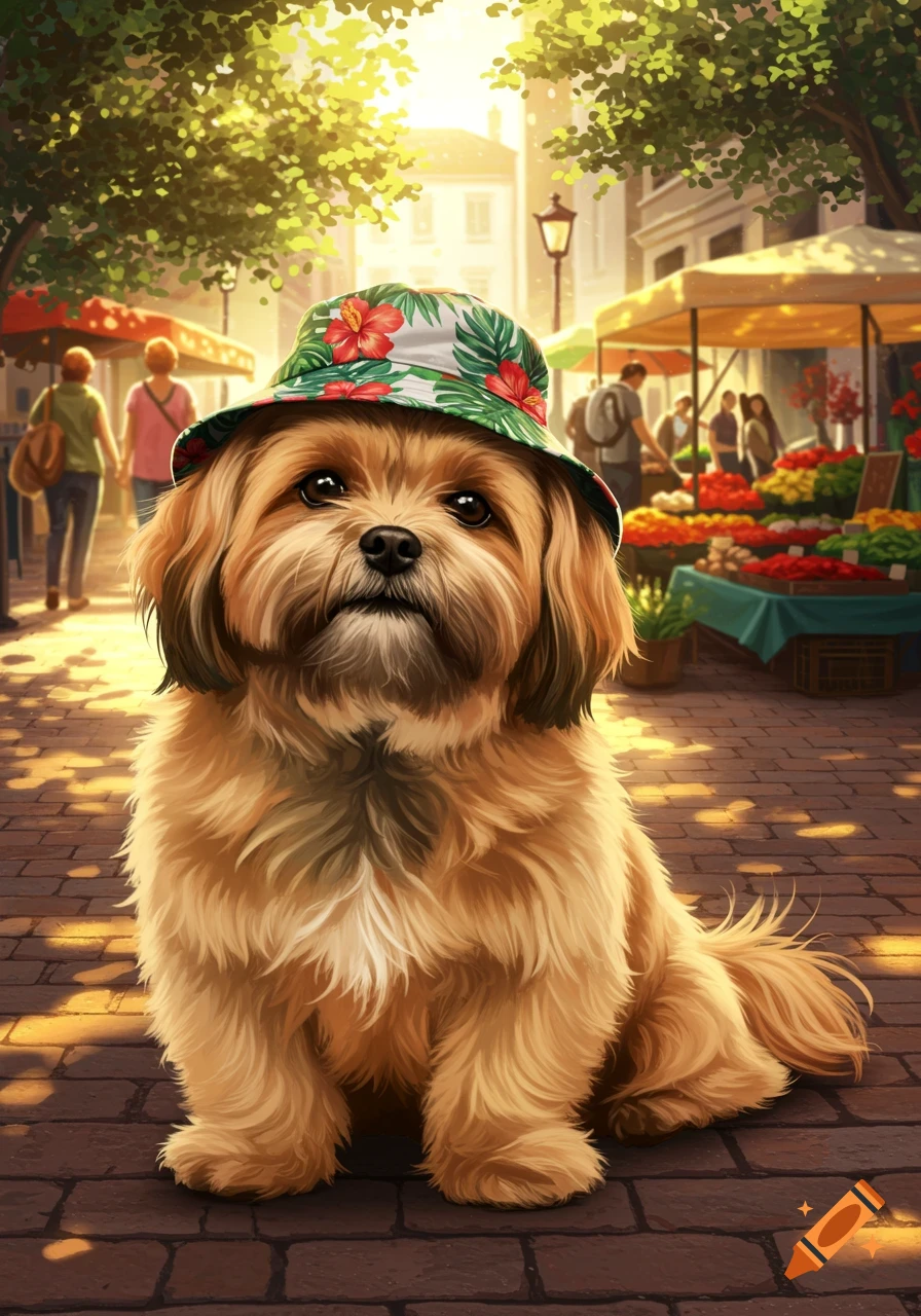 A fluffy brown dog wearing a white bucket hat with red flowers and green leaves sits on a brick path at a sunny outdoor market.