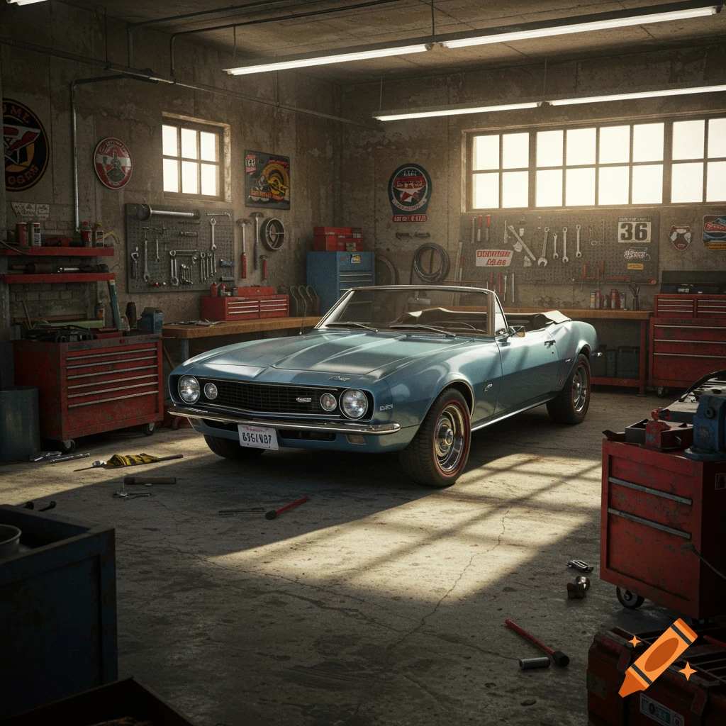 A light blue 1968 Camaro convertible parked inside a detailed garage with tools and workbenches.