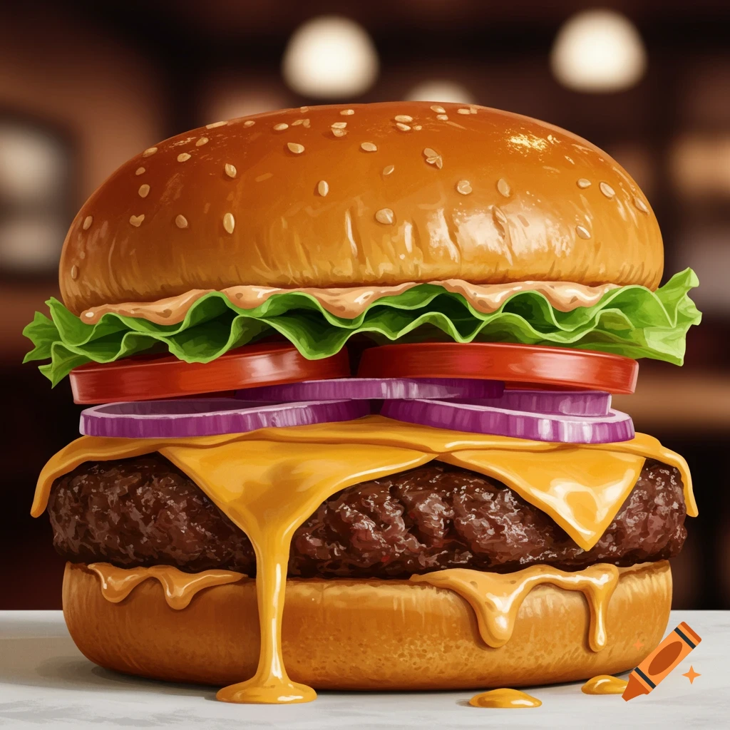 A detailed, stylized close-up of a cheeseburger with melted cheese, lettuce, tomatoes, and red onions.
