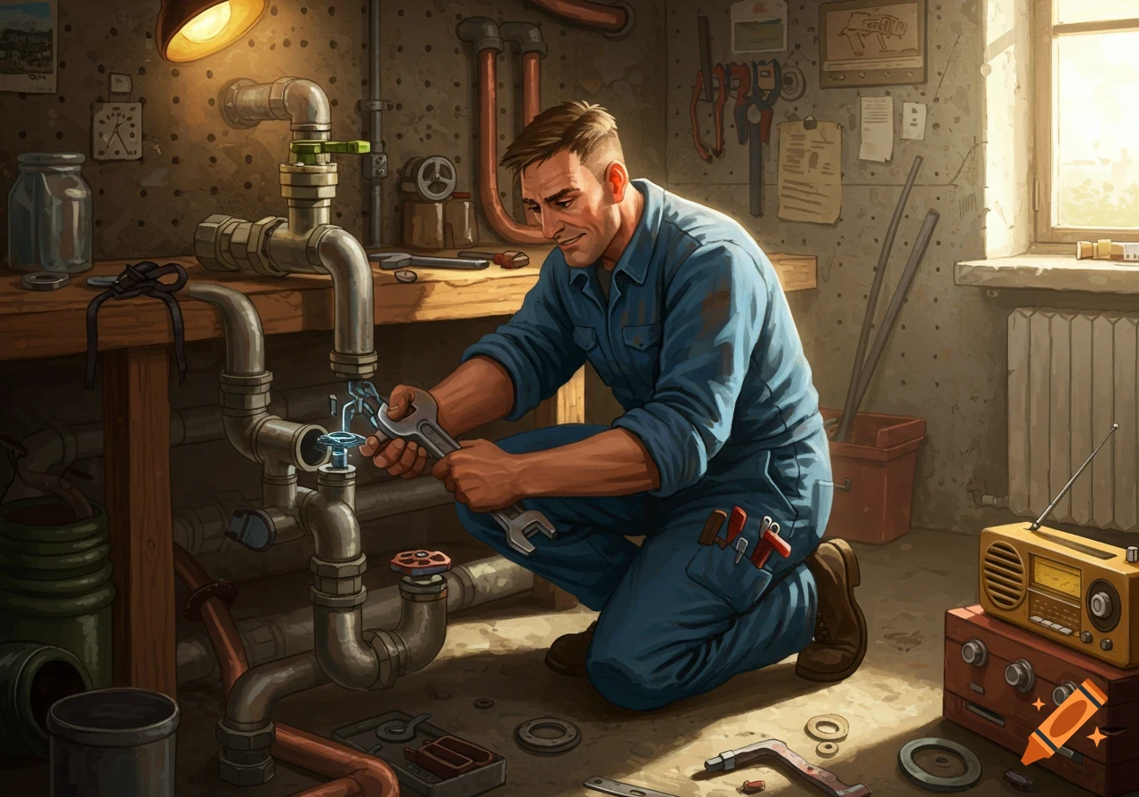 A plumber in blue overalls crouches, fixing a system of pipes with a wrench in a dimly lit, cluttered workshop.