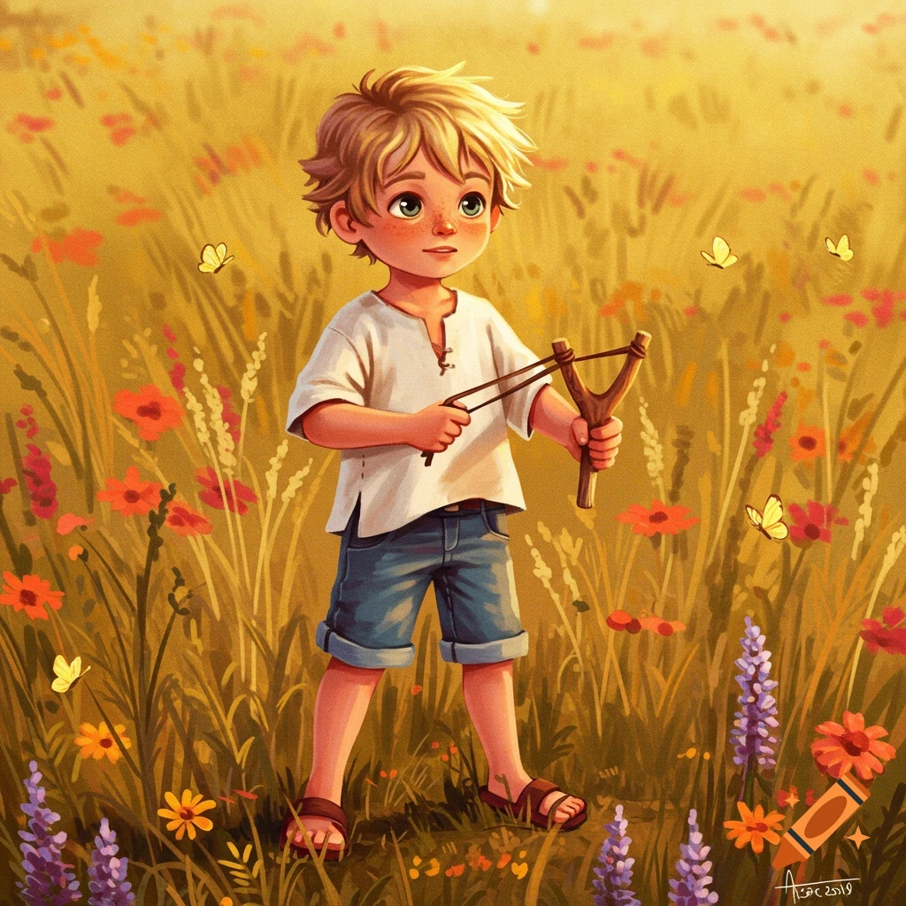 A young boy with blond hair and a slingshot stands in a sunny field of wildflowers and butterflies in an illustrative style.