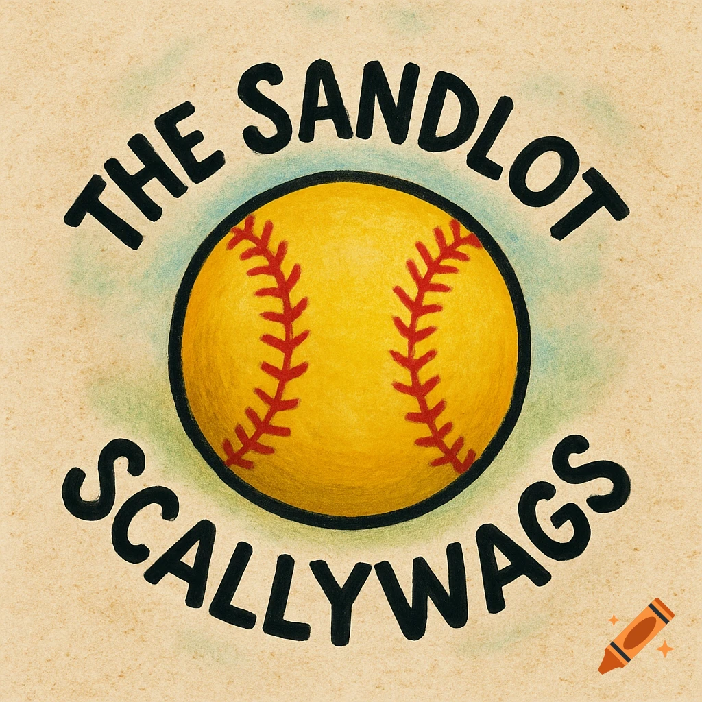 A hand-drawn softball logo with the words THE SANDLOT SCALLYWAGS surrounding a yellow softball.
