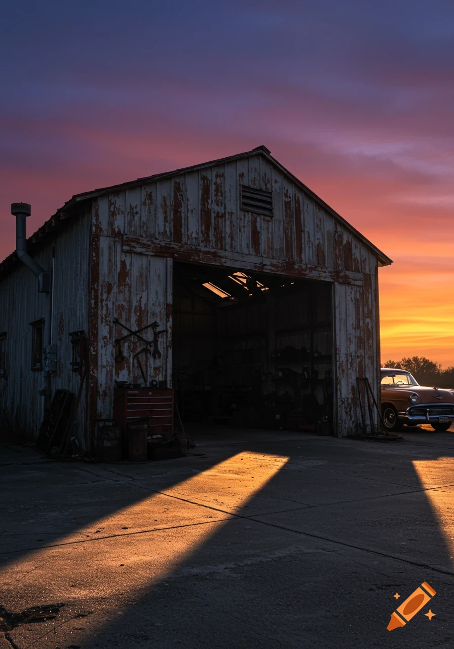 A run-down wooden garage and a classic car at sunset, with golden light casting long shadows on the ground.