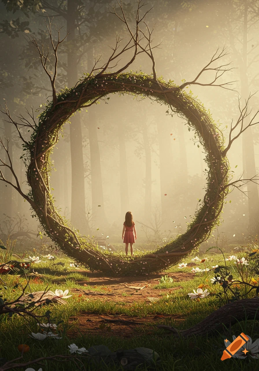 A girl stands in a misty, sunlit forest path, looking at a large circular vine structure with flowers and tree branches.