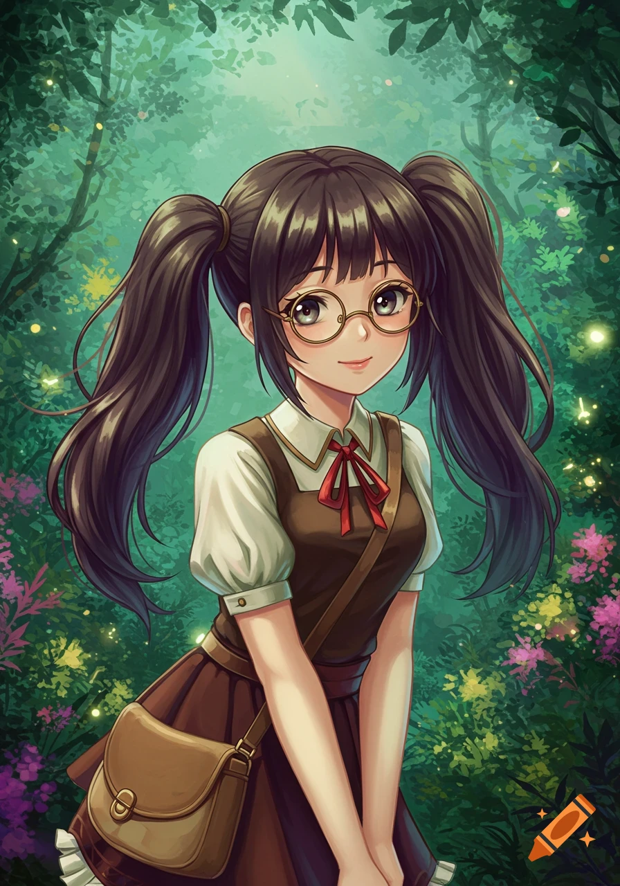 A smiling anime girl with long dark pigtails and round glasses stands in a vibrant green forest, carrying a brown satchel.