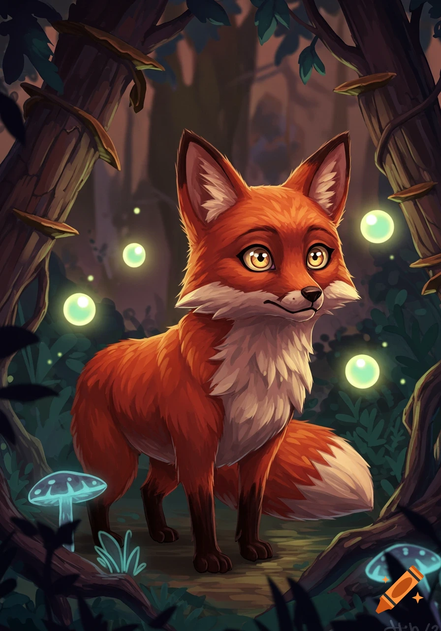 A cute orange fox with large eyes stands in a magical forest with glowing mushrooms and fireflies, in a cartoon illustration style.