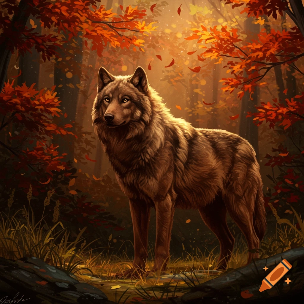 A majestic brown wolf stands in a sunlit autumn forest with vibrant orange and red leaves.