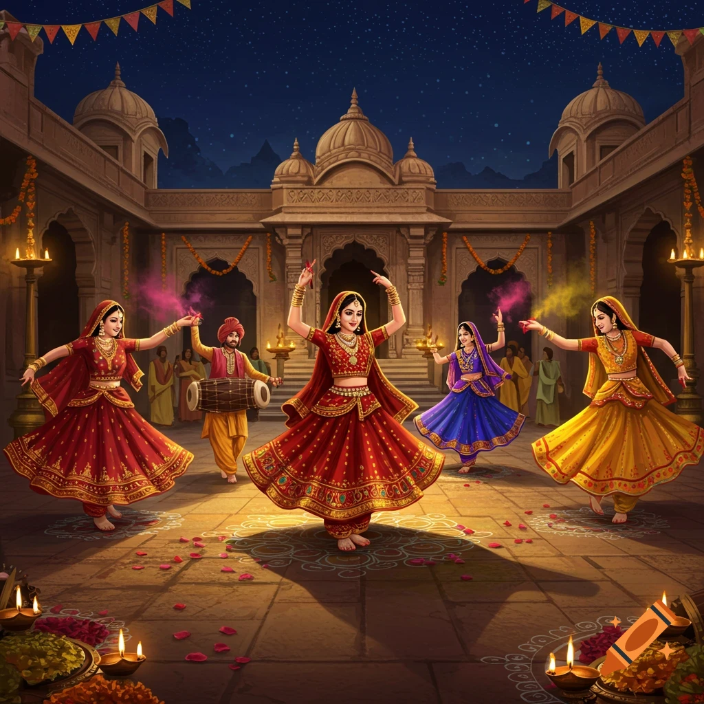Vibrant illustration of people in traditional Indian attire dancing in a decorated temple courtyard at night, celebrating a festival.