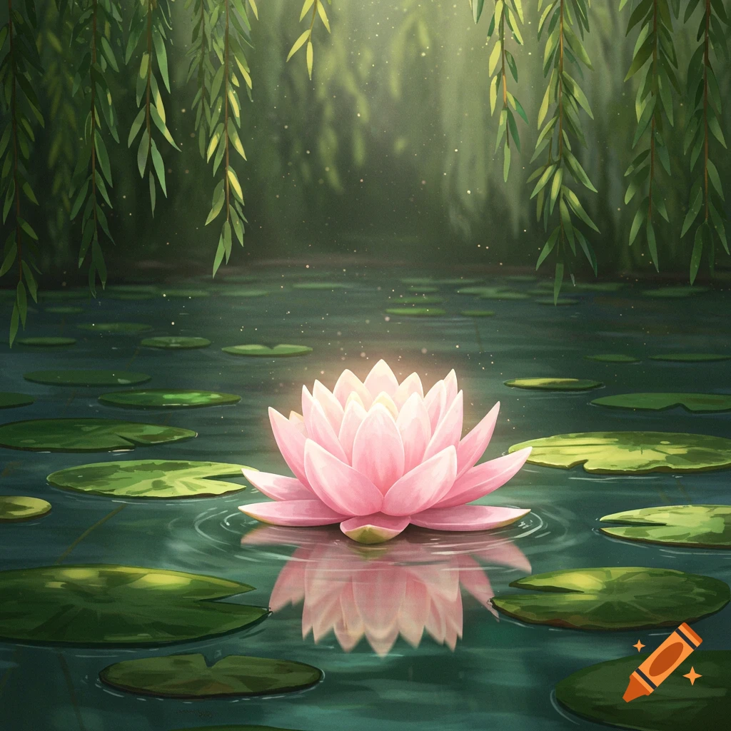 A vibrant pink lotus flower floats on calm water amidst green lily pads, with weeping willow branches hanging above.