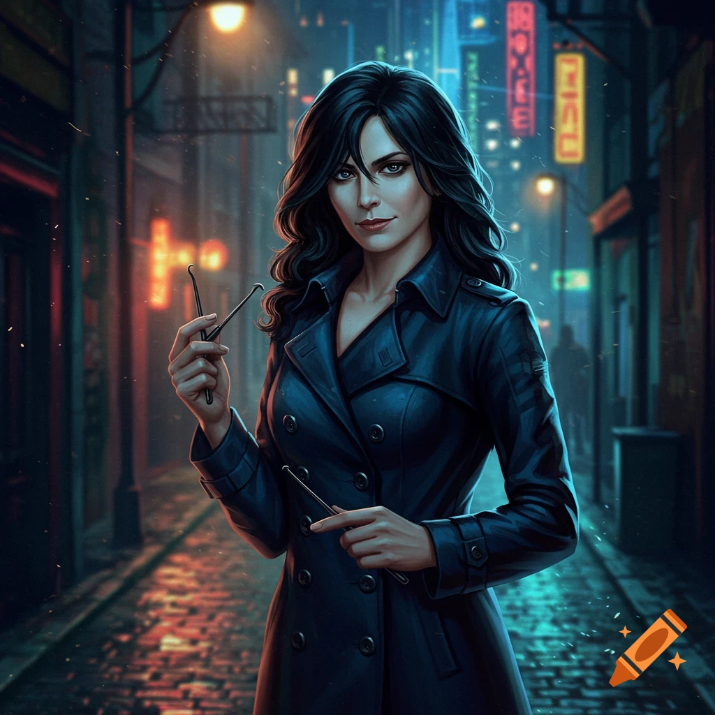 A woman with dark hair in a trench coat stands in a rainy, neon-lit city alley, holding locksmith picks.