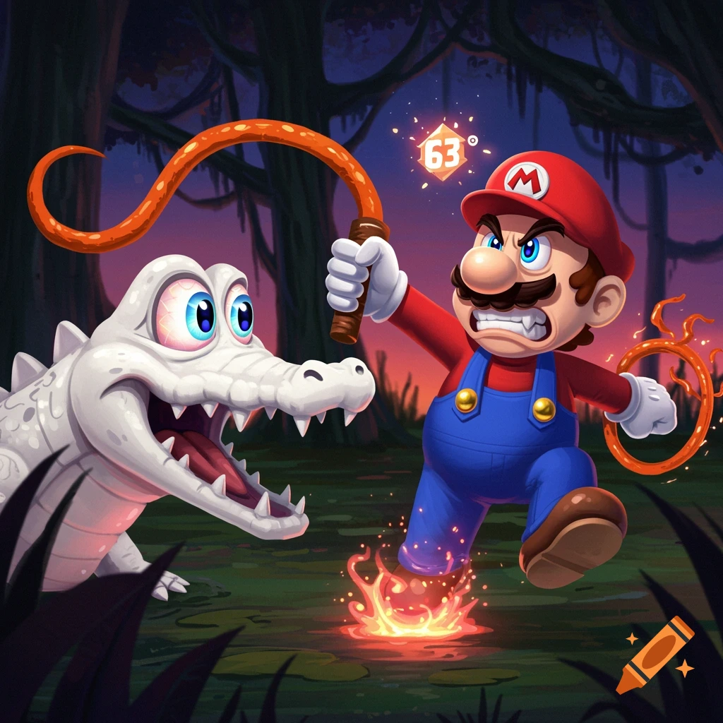 Angry Mario wields a whip and stands over fiery ground, facing a large, white, toothy crocodile in a dark swamp.