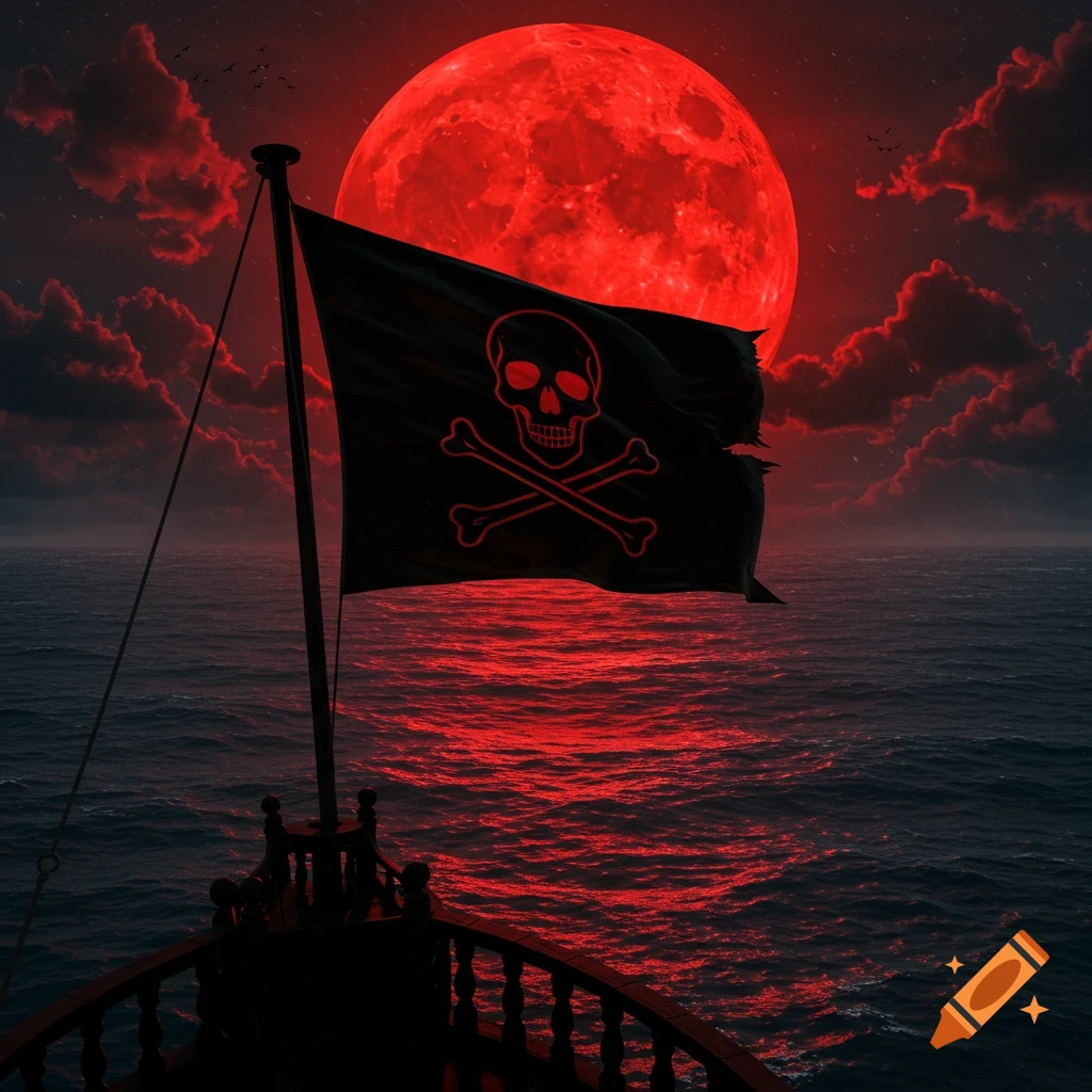 A black pirate flag with a red skull and crossbones flies on a ship's mast under a massive crimson moon reflecting on the dark ocean.