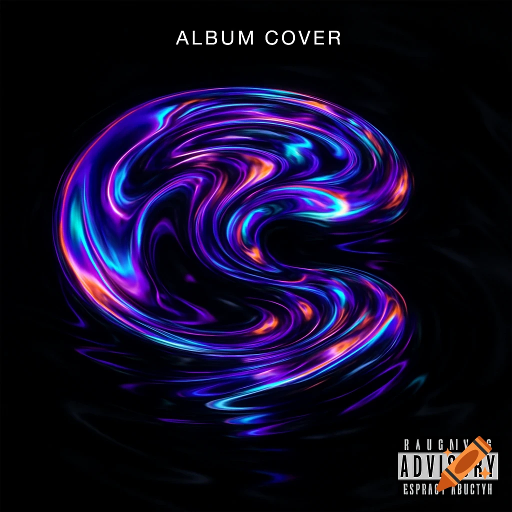 An abstract album cover features a vibrant, swirling mass of metallic liquid in shades of purple, blue, and orange, against a glossy black background.