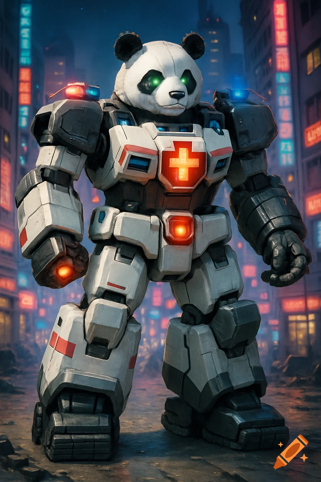 A powerful white and black panda-like robot mech suit with green glowing eyes and red cross emblems stands in a neon-lit futuristic city.