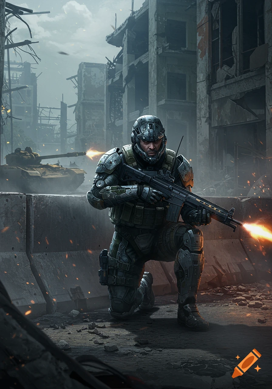 A soldier in futuristic armor kneels amidst destroyed buildings, holding a rifle with muzzle flash, a tank firing in the background.
