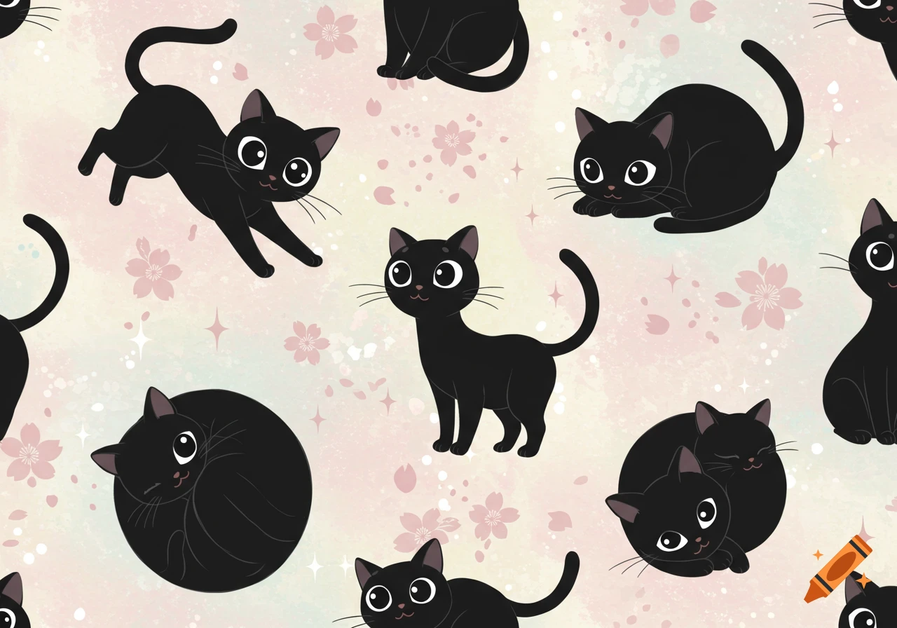 A seamless pattern of cute black cats on a pastel background with pink cherry blossoms in an anime style.