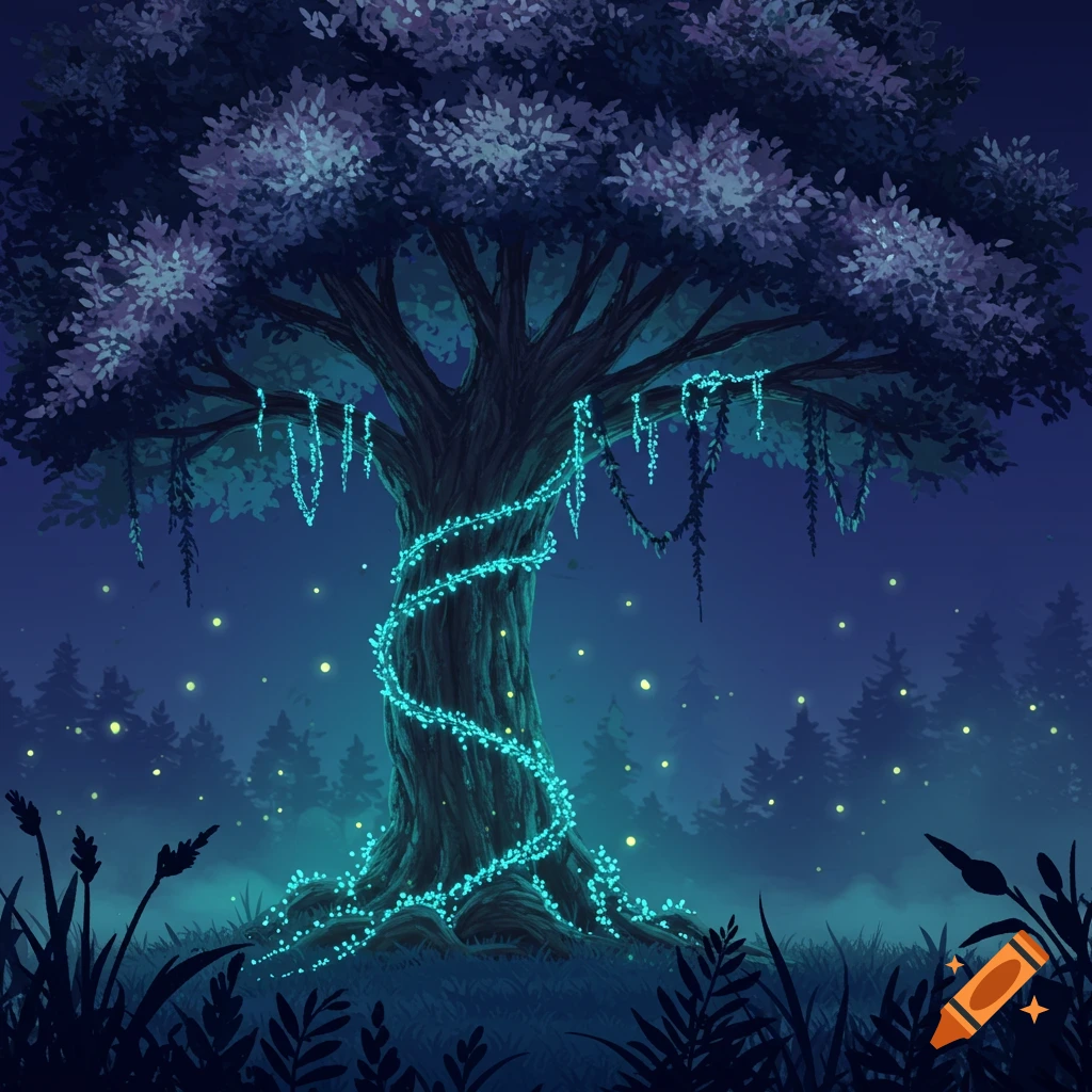 A large, ancient tree wrapped in glowing turquoise lights at night in a dark, mystical forest with floating fireflies.