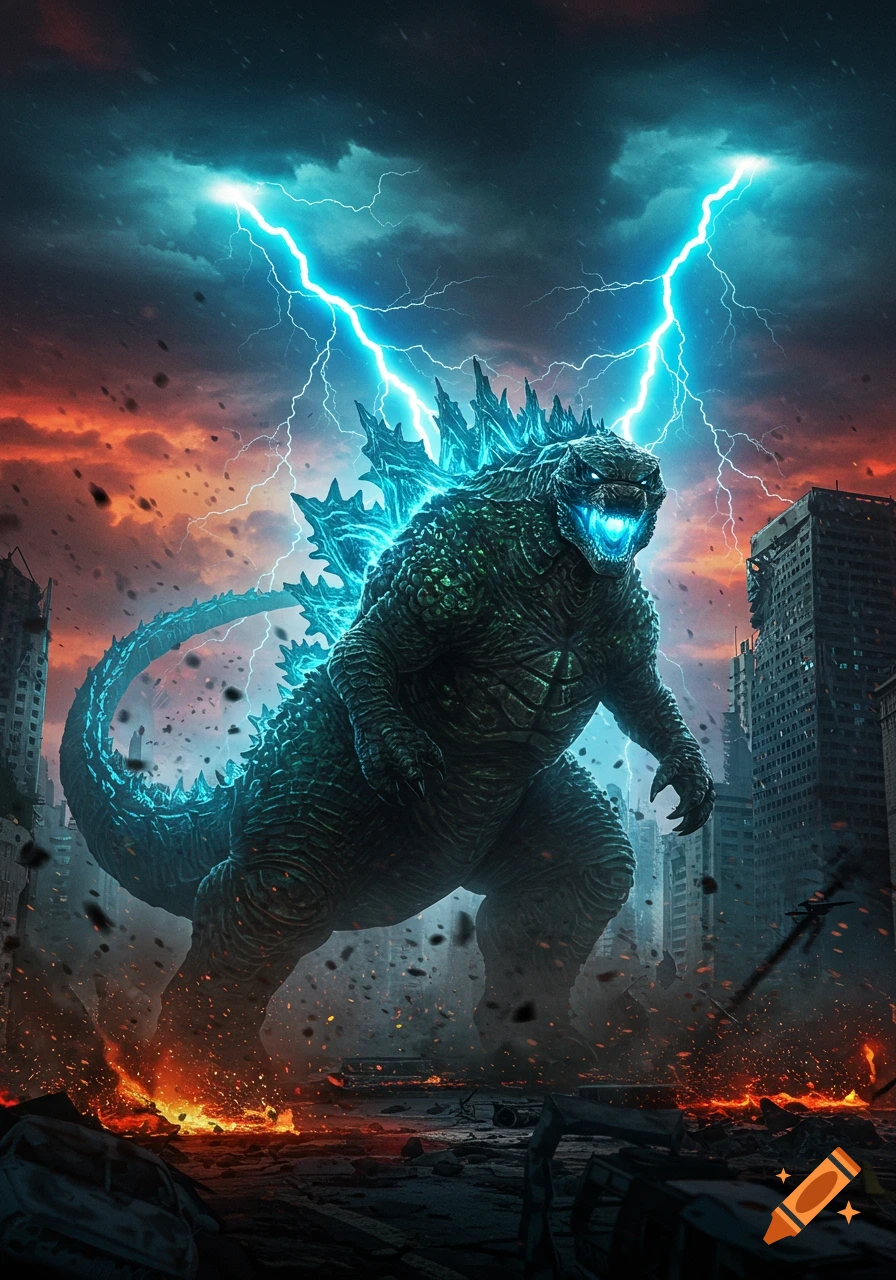 Godzilla, glowing blue, stomps through a ruined city under a stormy sky with lightning.