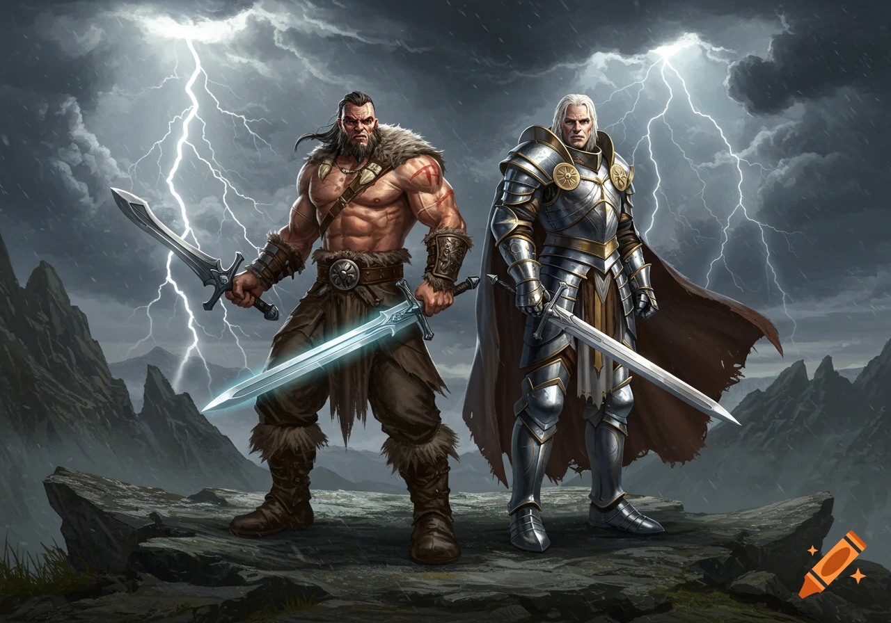 A barbarian and a paladin stand on a rocky outcrop under a stormy, lightning-filled sky, holding swords.