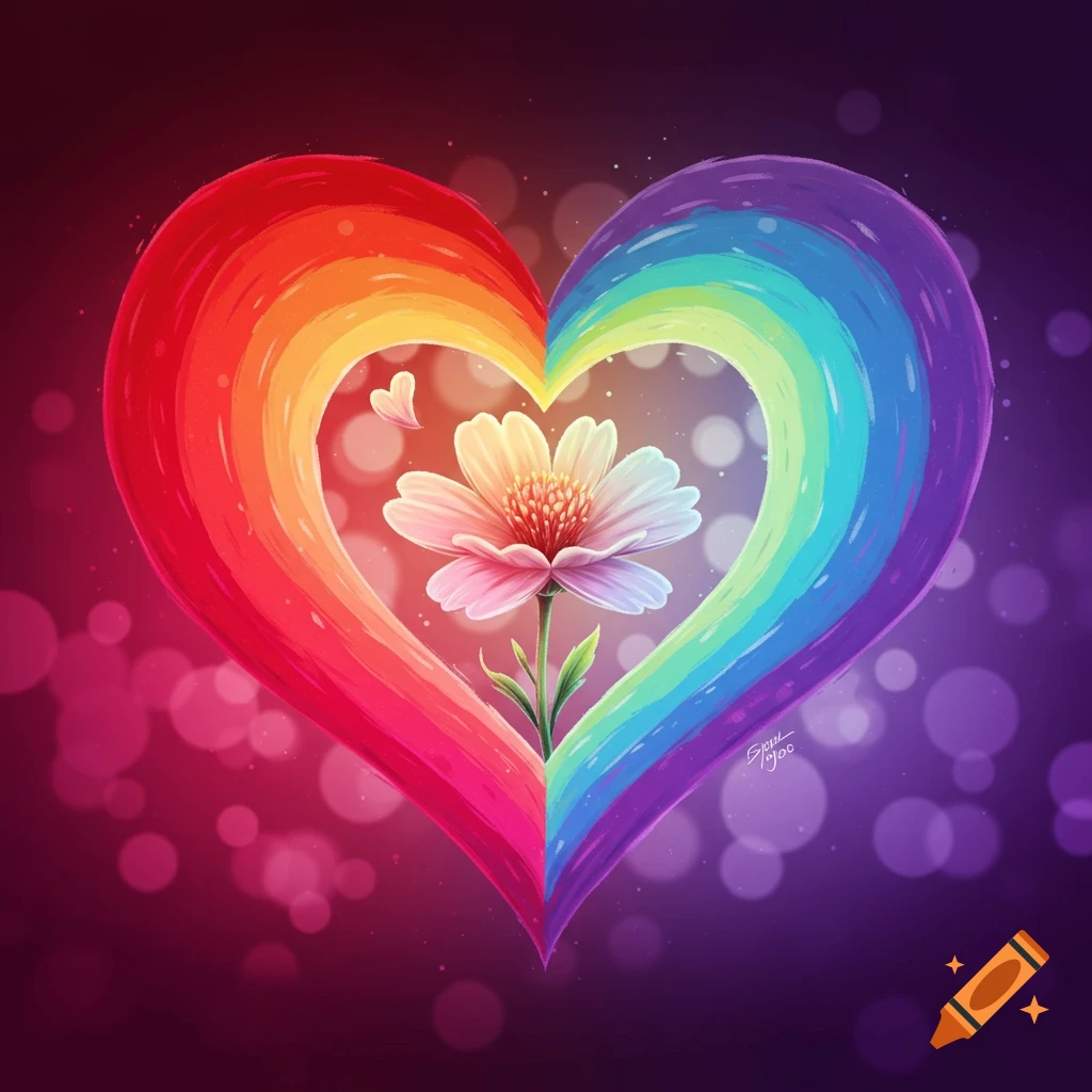 A vibrant rainbow-colored heart with a white flower growing from its center, against a bokeh background.