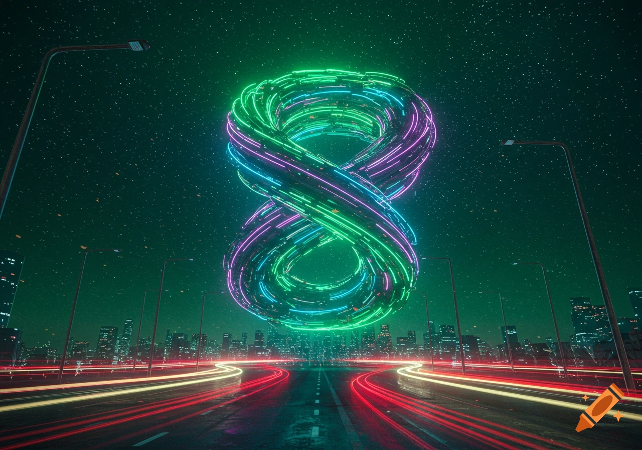 A large glowing neon number 8 floats above a futuristic city at night, with red and white light trails on the highway.