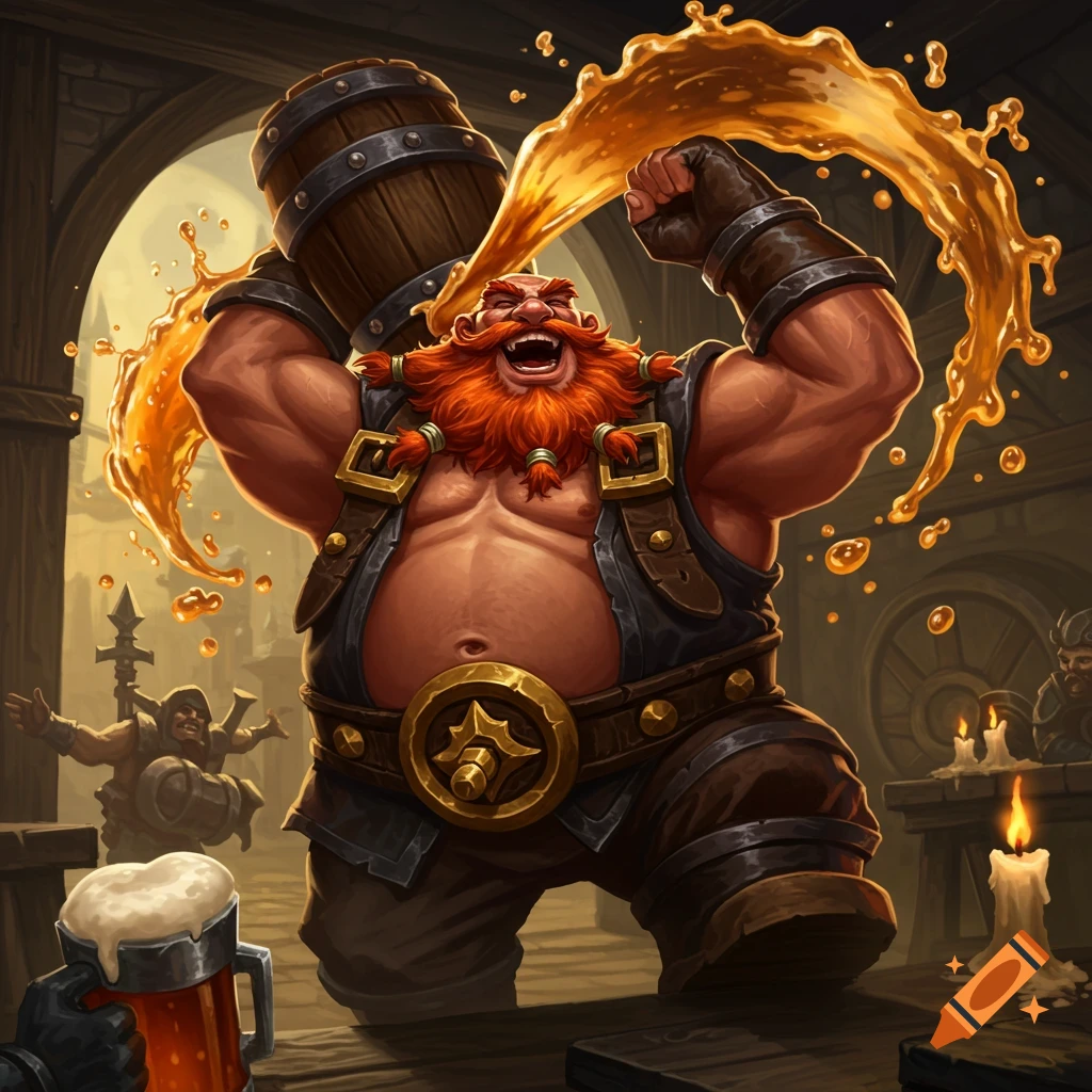 A joyous, muscular, red-bearded dwarf in a tavern spills beer from a large wooden barrel over his head, with a frothing tankard of beer in the foreground.