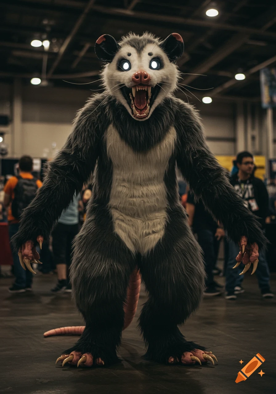 A creepy opossum-like fursuit with glowing white eyes and sharp teeth stands in a dimly lit convention hall.