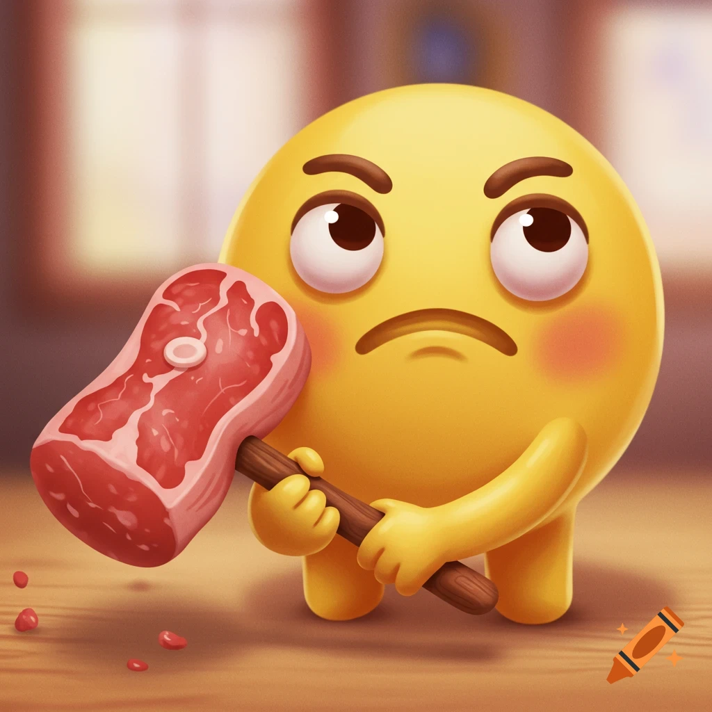 A cartoon emoji character with an upset expression holds a mallet made of raw meat.